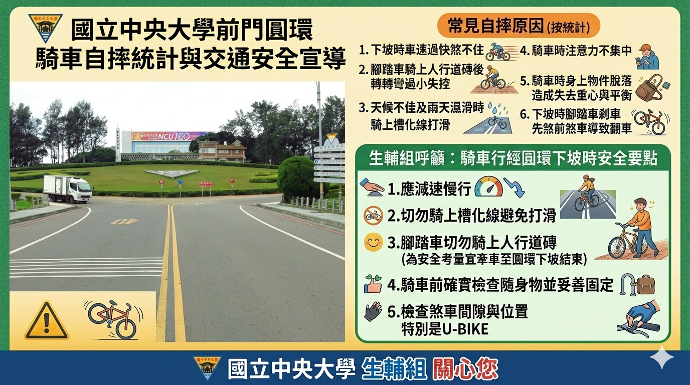 中央大學前門圓環騎車自摔統計及安全宣導